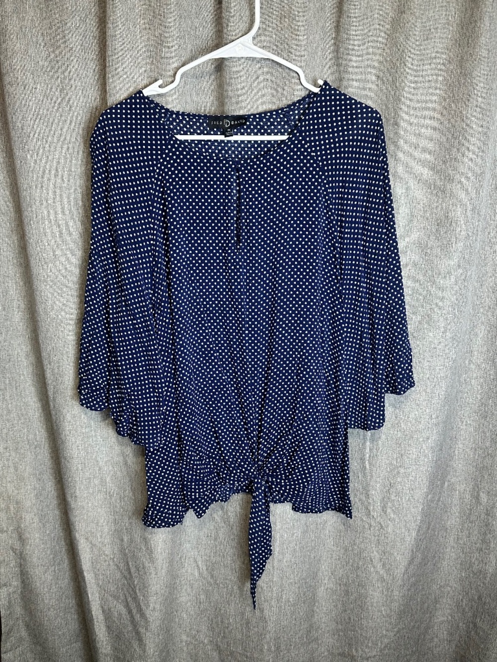 Fred David Navy Blue White Polka Dot Tie Front Blouse Top Plus Size 1X